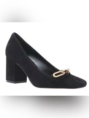 NEW ANN TAYLOR BLACK CHAIN HIGH BLOCK HEEL SUEDE PUMPS HEELS SHOES 6.5